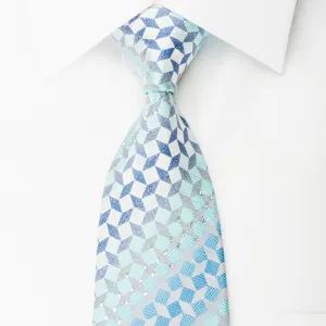 Paco Rabanne Silk Tie Blue Geometric On Silver With Rhinestones