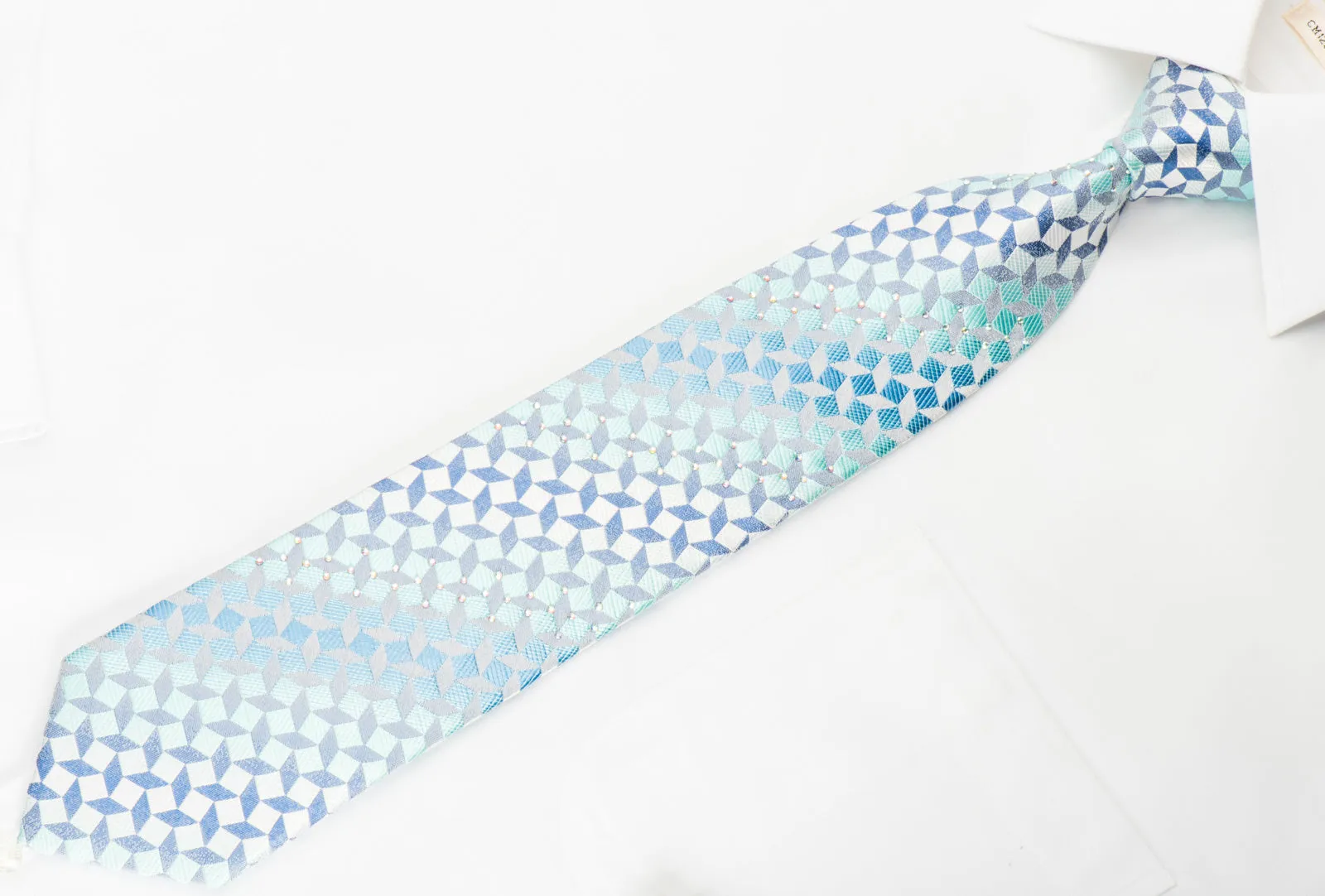 Paco Rabanne Silk Tie Blue Geometric On Silver With Rhinestones