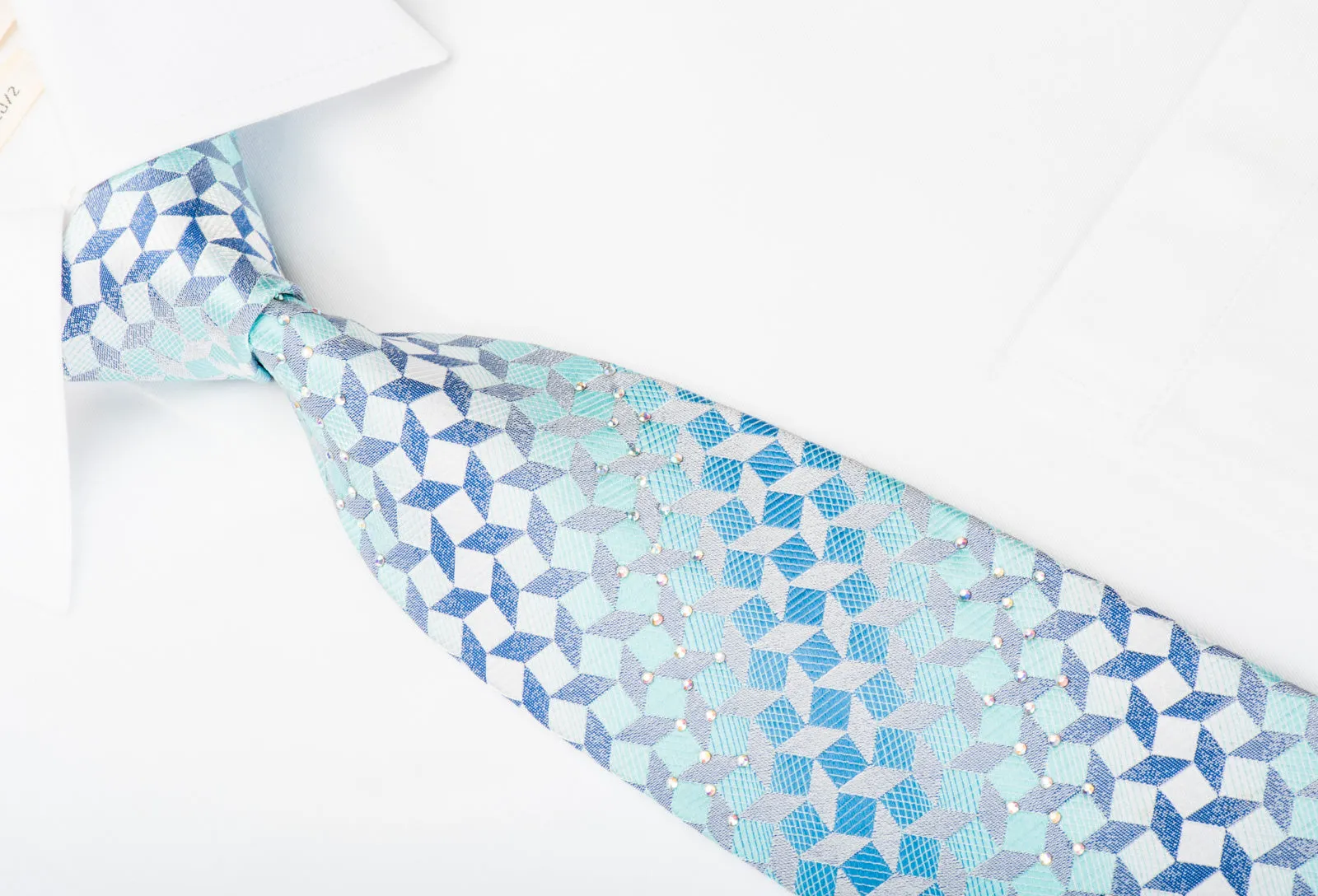 Paco Rabanne Silk Tie Blue Geometric On Silver With Rhinestones