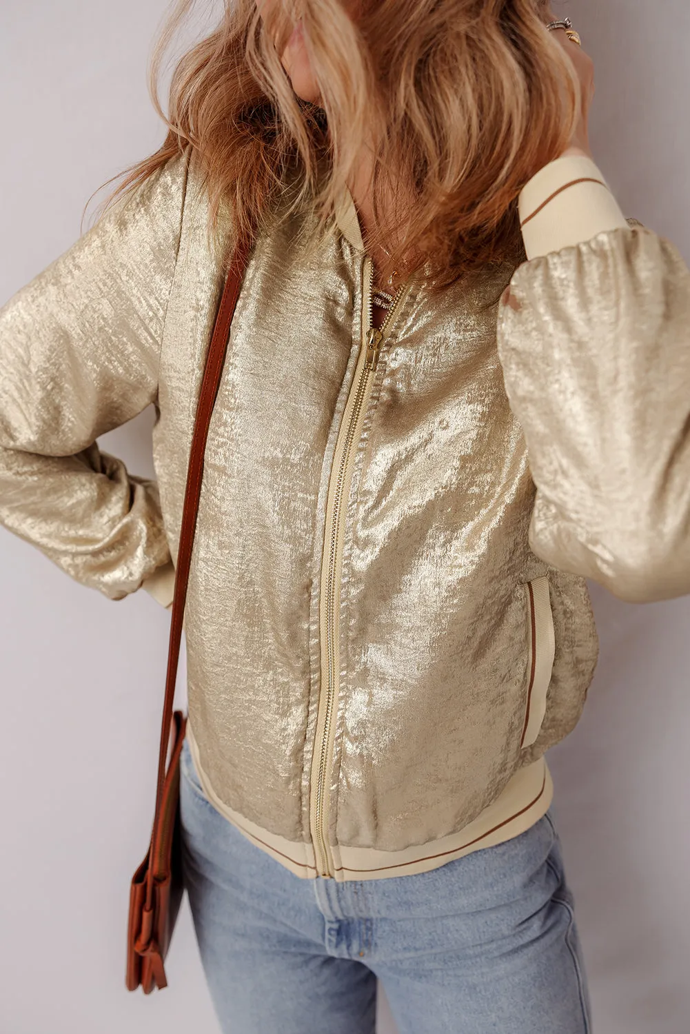 Pale Khaki Metallic Zip up Baseball Jacket