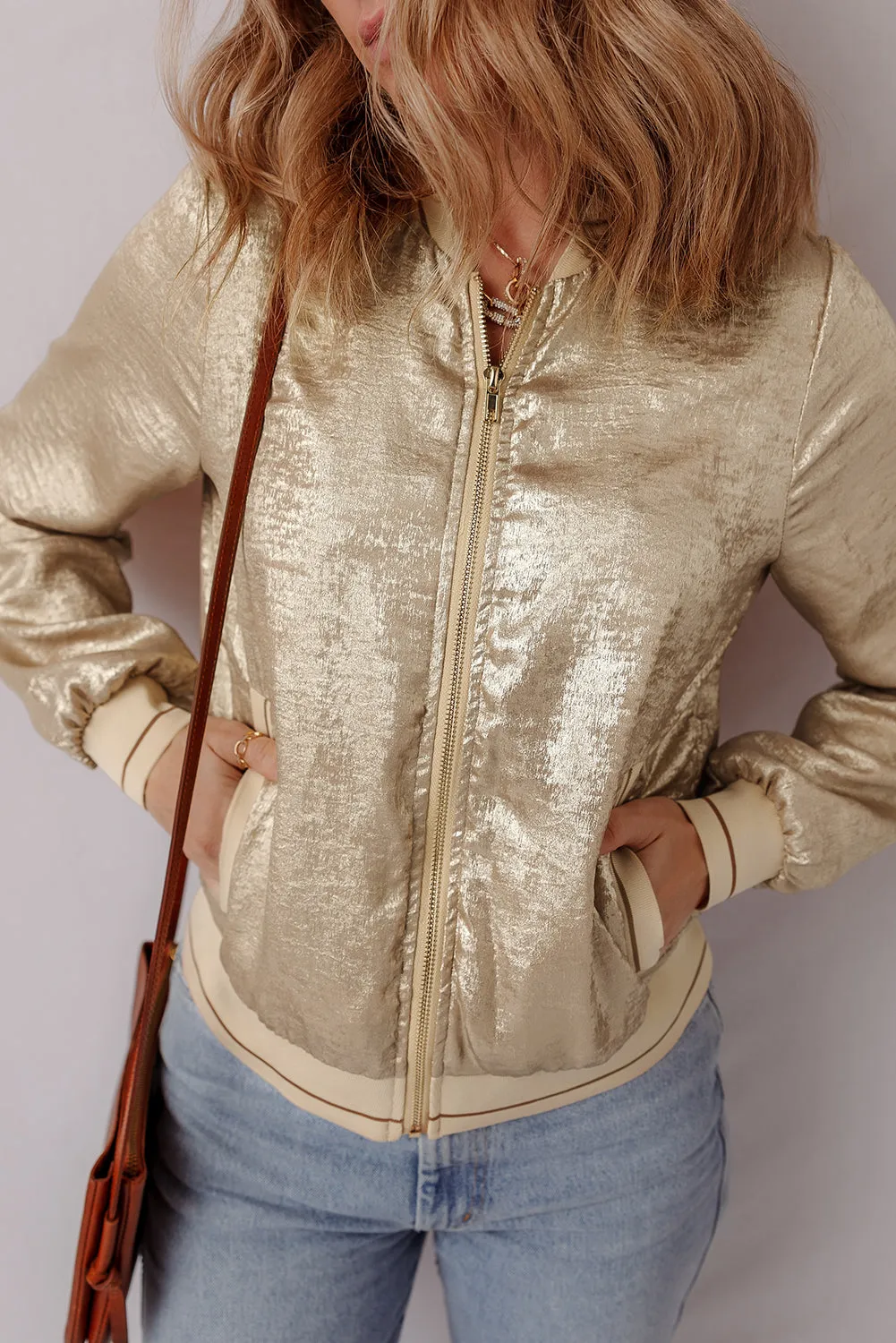 Pale Khaki Metallic Zip up Baseball Jacket