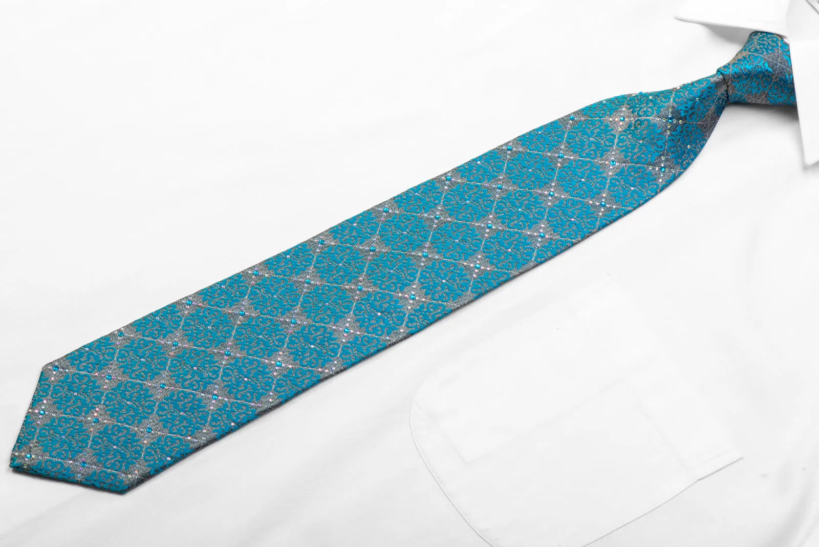 Park Land Rhinestone Silk Necktie Blue Damask On Silver With Sparkles