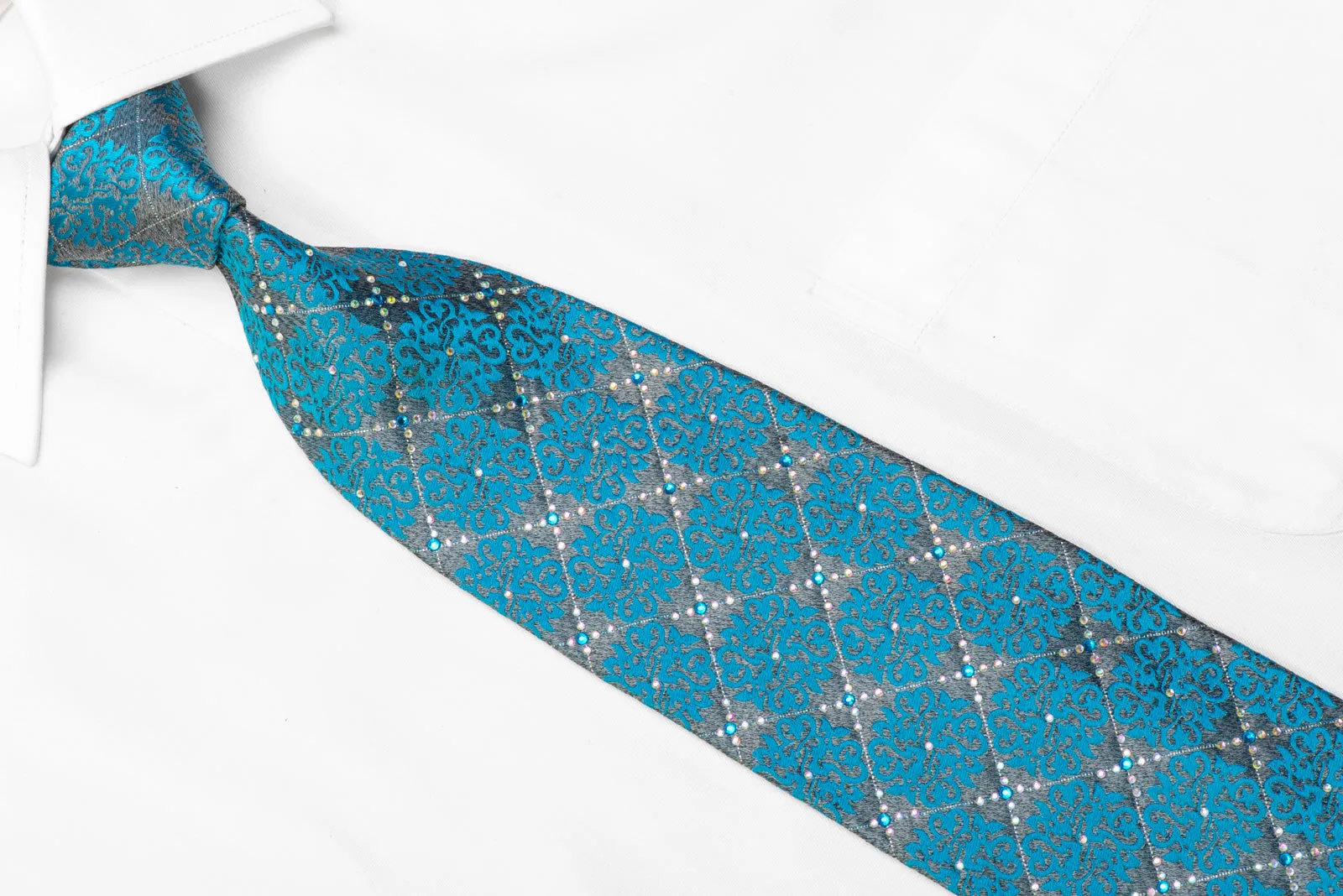 Park Land Rhinestone Silk Necktie Blue Damask On Silver With Sparkles