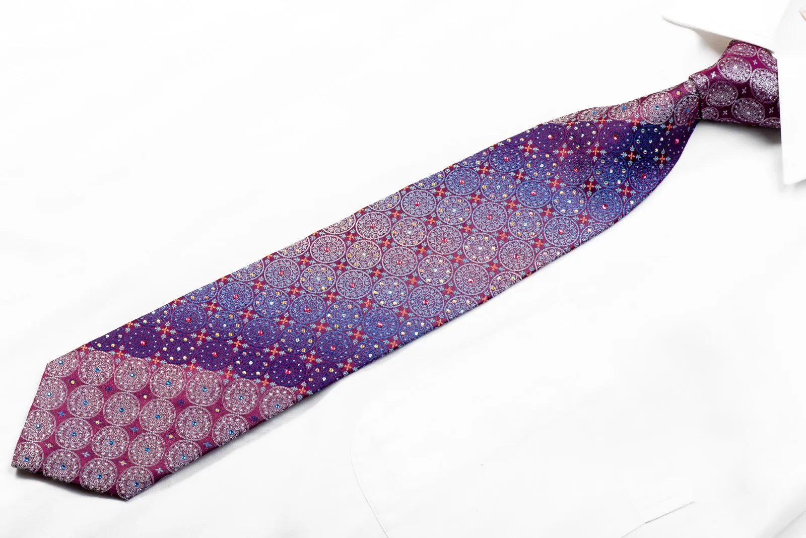 Parkland Rhinestone Silk Necktie Silver Blue Medallions On Burgundy With Sparkles