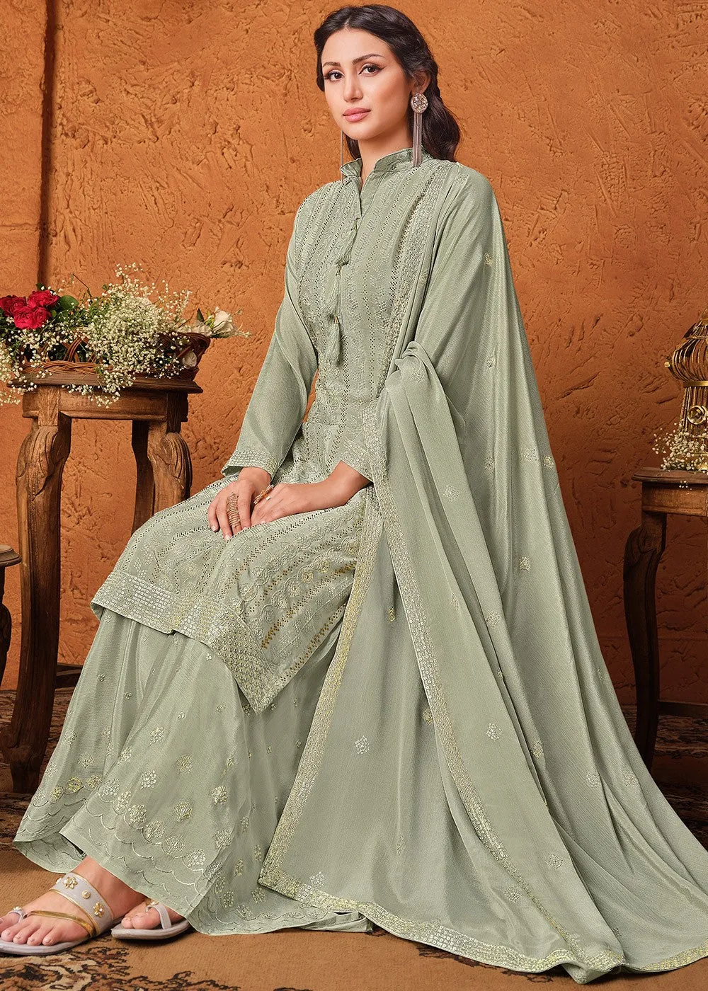 Pastel Green Chiffon Embroidered Sharara Suit