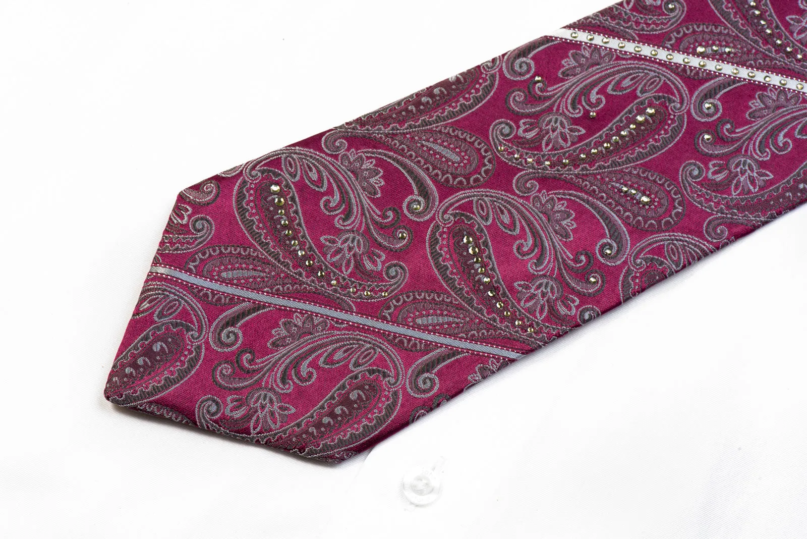 Perry Ellis Men's Rhinestone Silk Necktie Silver Paisley Striped On Purple With Sparkles