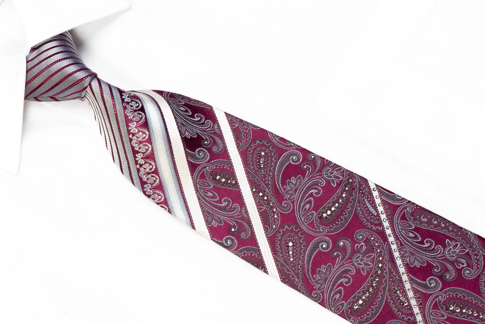 Perry Ellis Men's Rhinestone Silk Necktie Silver Paisley Striped On Purple With Sparkles