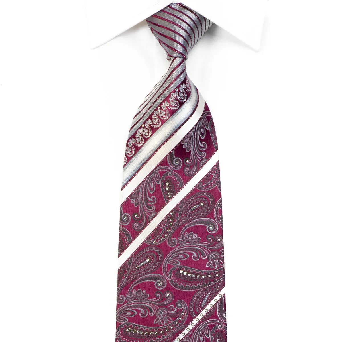 Perry Ellis Men's Rhinestone Silk Necktie Silver Paisley Striped On Purple With Sparkles