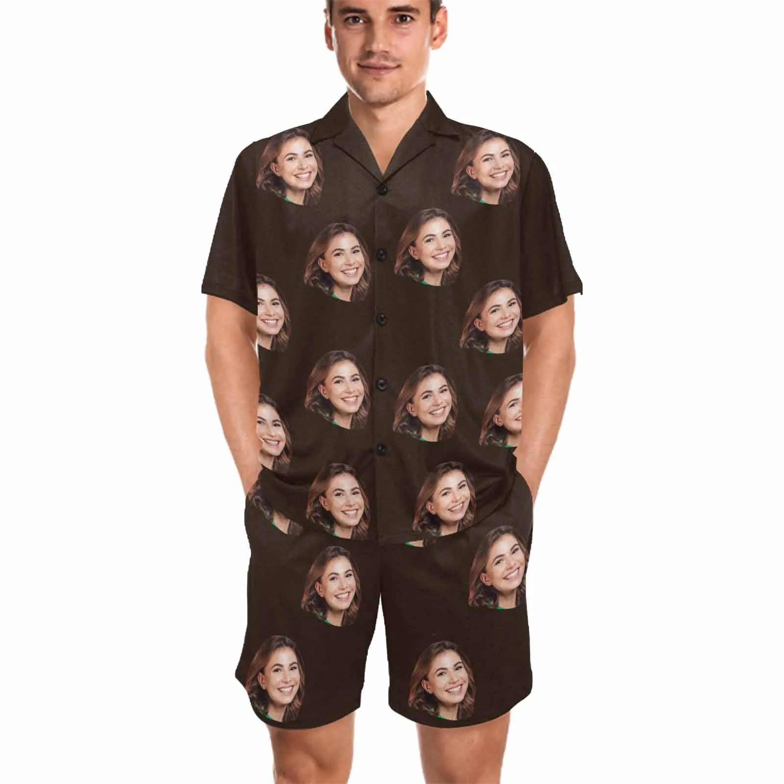 Personalized Pajamas Loungewear Custom Face Black Men's V-Neck Short Pajama Set