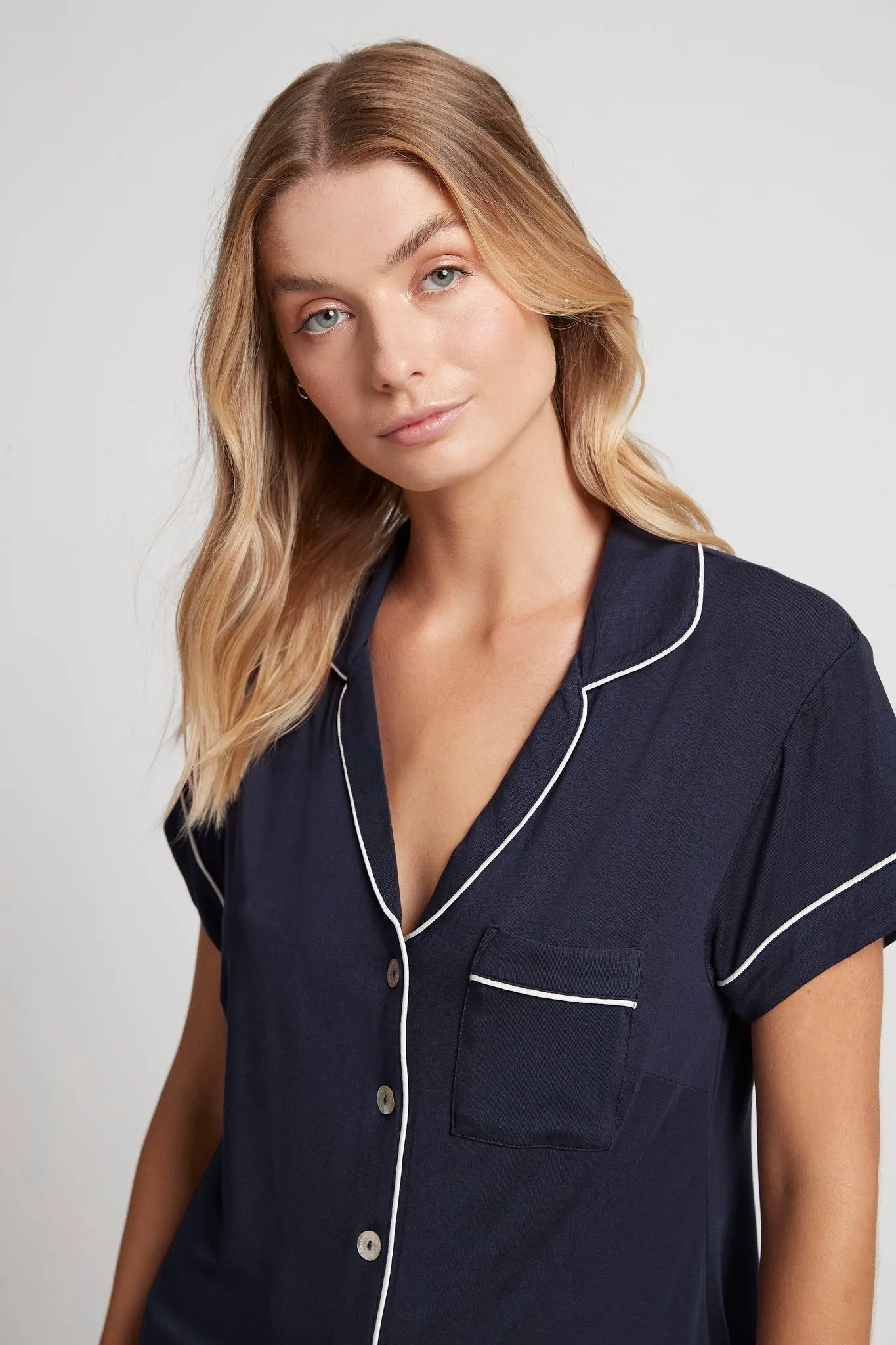 Petra Tencel™ Pyjama Set - Navy with White Piping