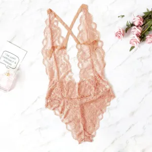 Pink V Neck Lace Backless Bodysuit