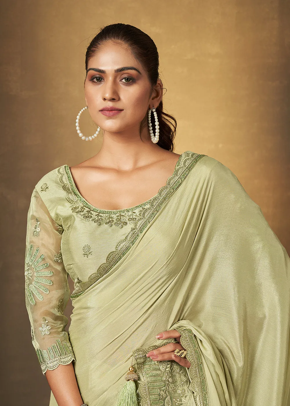 Pista Green Chinnon Chiffon Embroidered Designer Saree