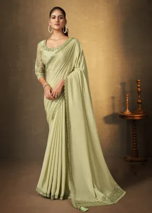 Pista Green Chinnon Chiffon Embroidered Designer Saree