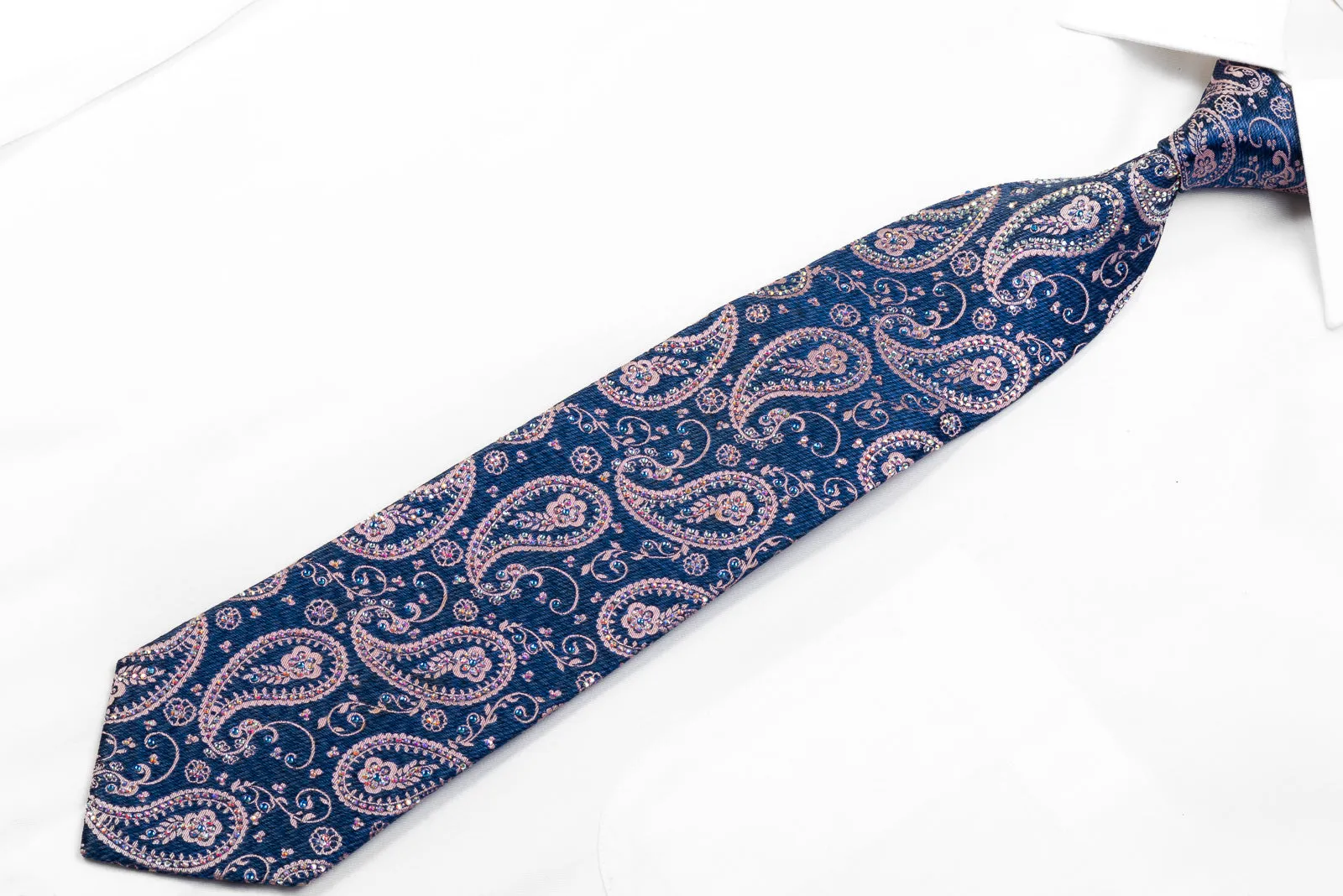 Renoma Men's Rhinestone Necktie Pink Paisley On Dark Blue Silk