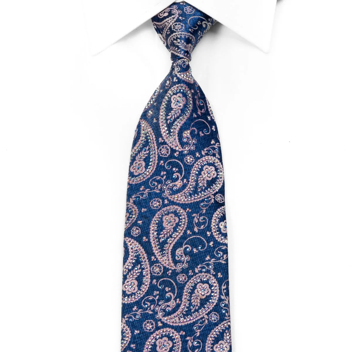 Renoma Men's Rhinestone Necktie Pink Paisley On Dark Blue Silk