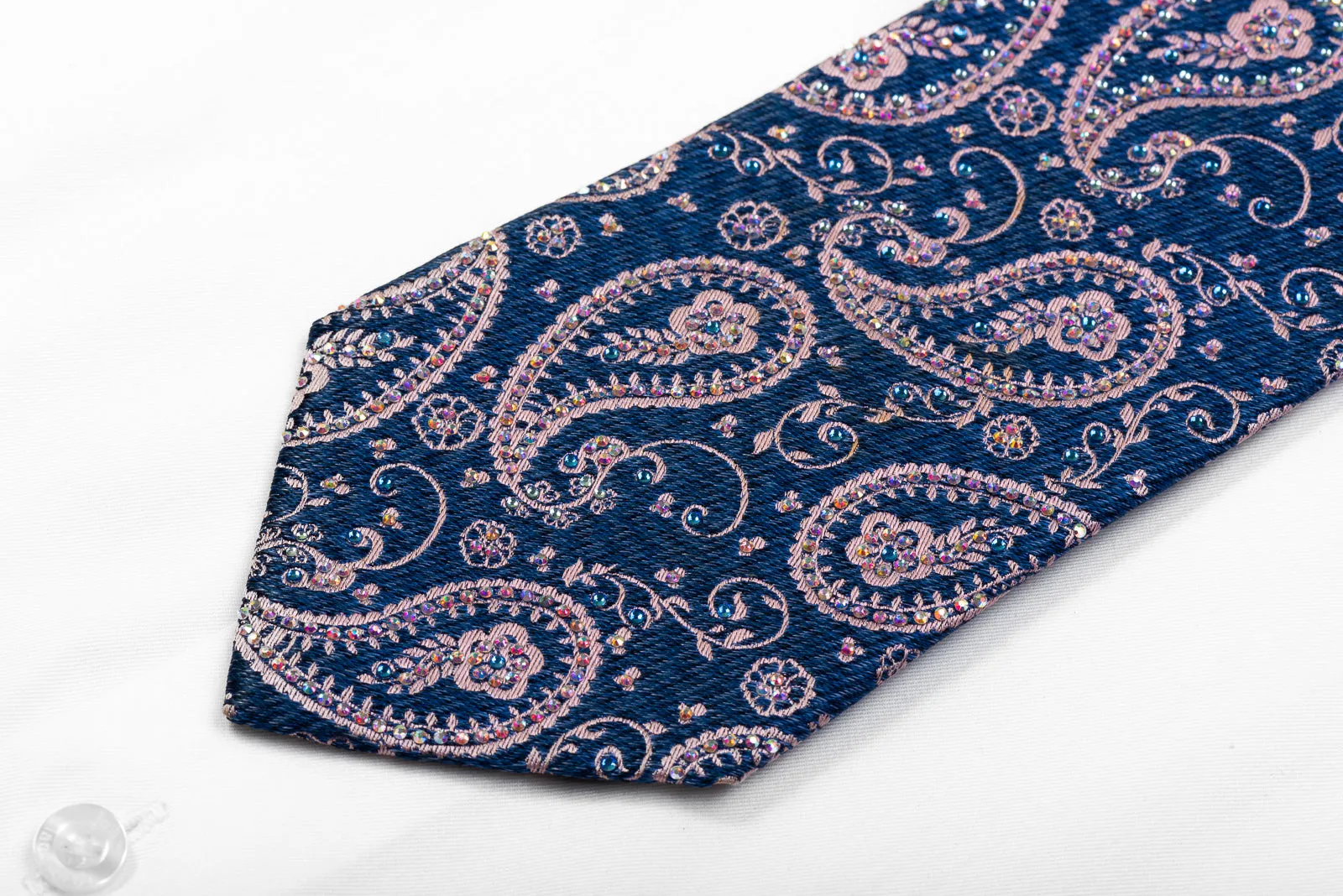 Renoma Men's Rhinestone Necktie Pink Paisley On Dark Blue Silk