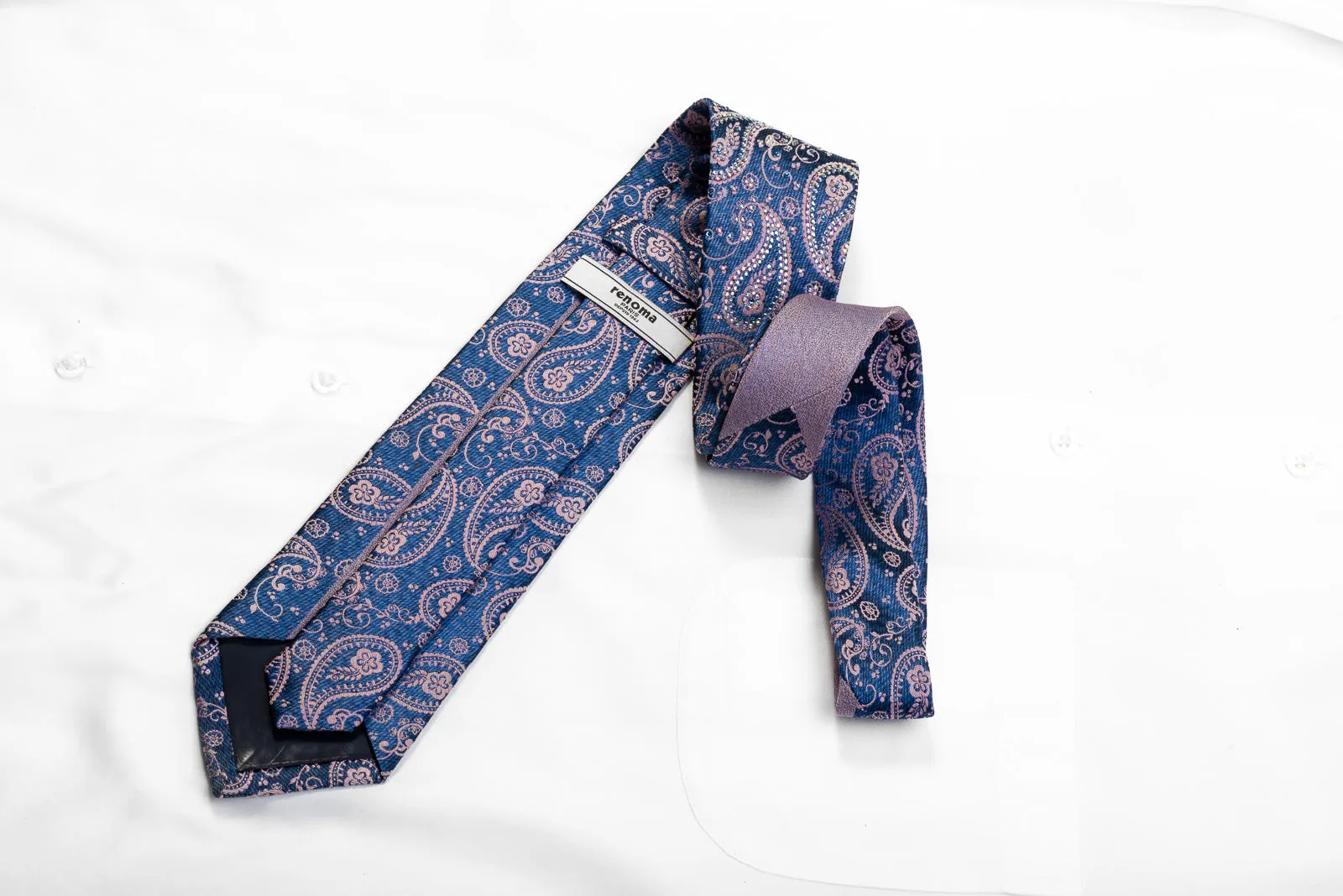 Renoma Men's Rhinestone Necktie Pink Paisley On Dark Blue Silk