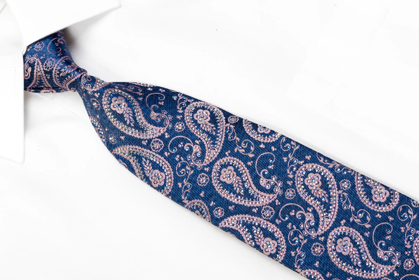 Renoma Men's Rhinestone Necktie Pink Paisley On Dark Blue Silk