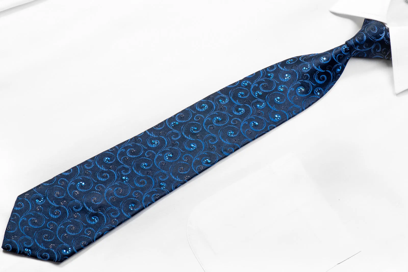 Renoma Men's Rhinestone Silk Necktie Blue Scrolls On Navy With Black Sparkles