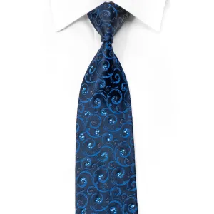 Renoma Men's Rhinestone Silk Necktie Blue Scrolls On Navy With Black Sparkles