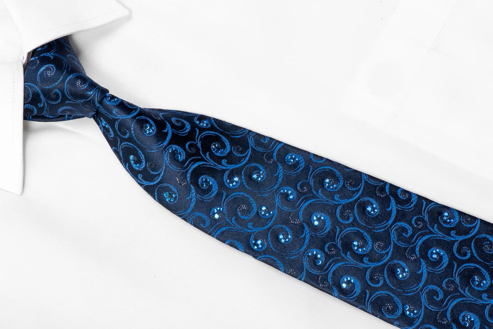 Renoma Men's Rhinestone Silk Necktie Blue Scrolls On Navy With Black Sparkles