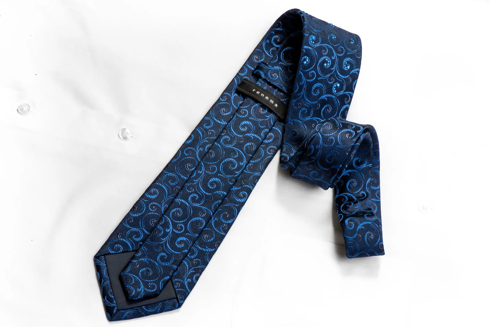 Renoma Men's Rhinestone Silk Necktie Blue Scrolls On Navy With Black Sparkles