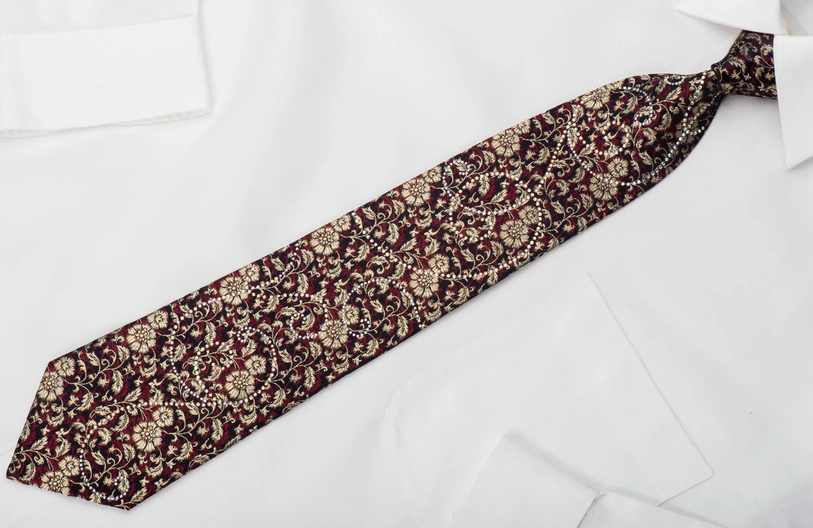 Renoma Rhinestone Silk Tie Gold Red Floral On Navy With Gold Sparkles