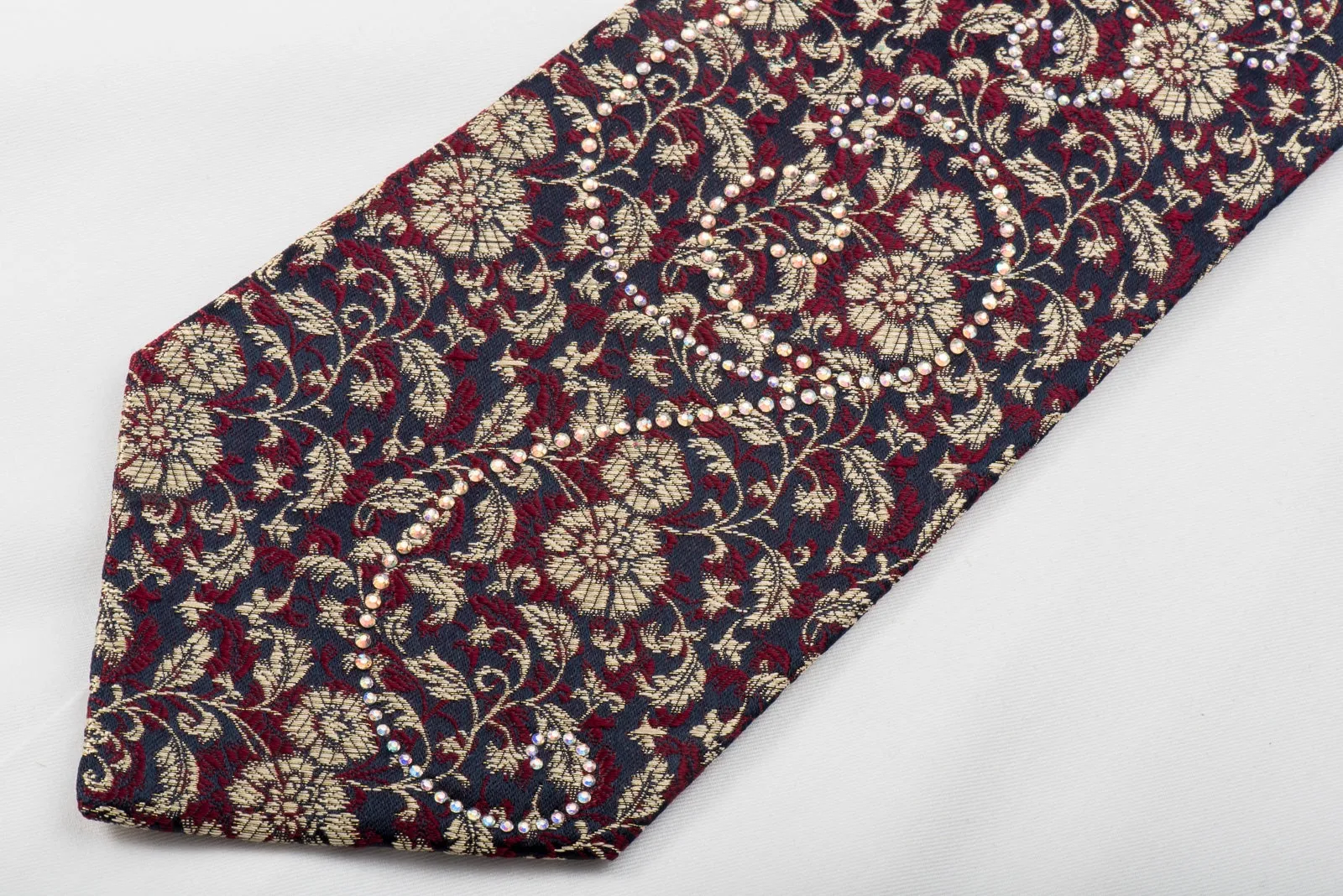 Renoma Rhinestone Silk Tie Gold Red Floral On Navy With Gold Sparkles