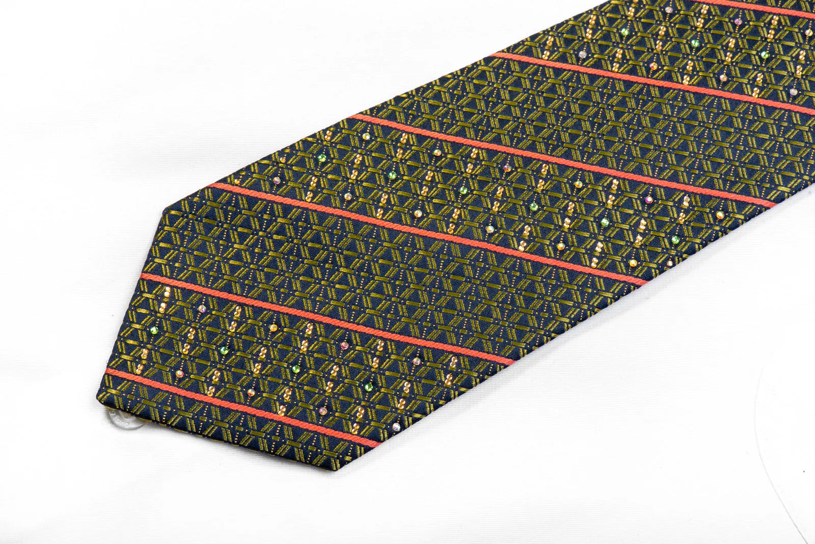 Renoma Silk Rhinestone Necktie Green Geometric Orange Striped On Navy With Sparkles