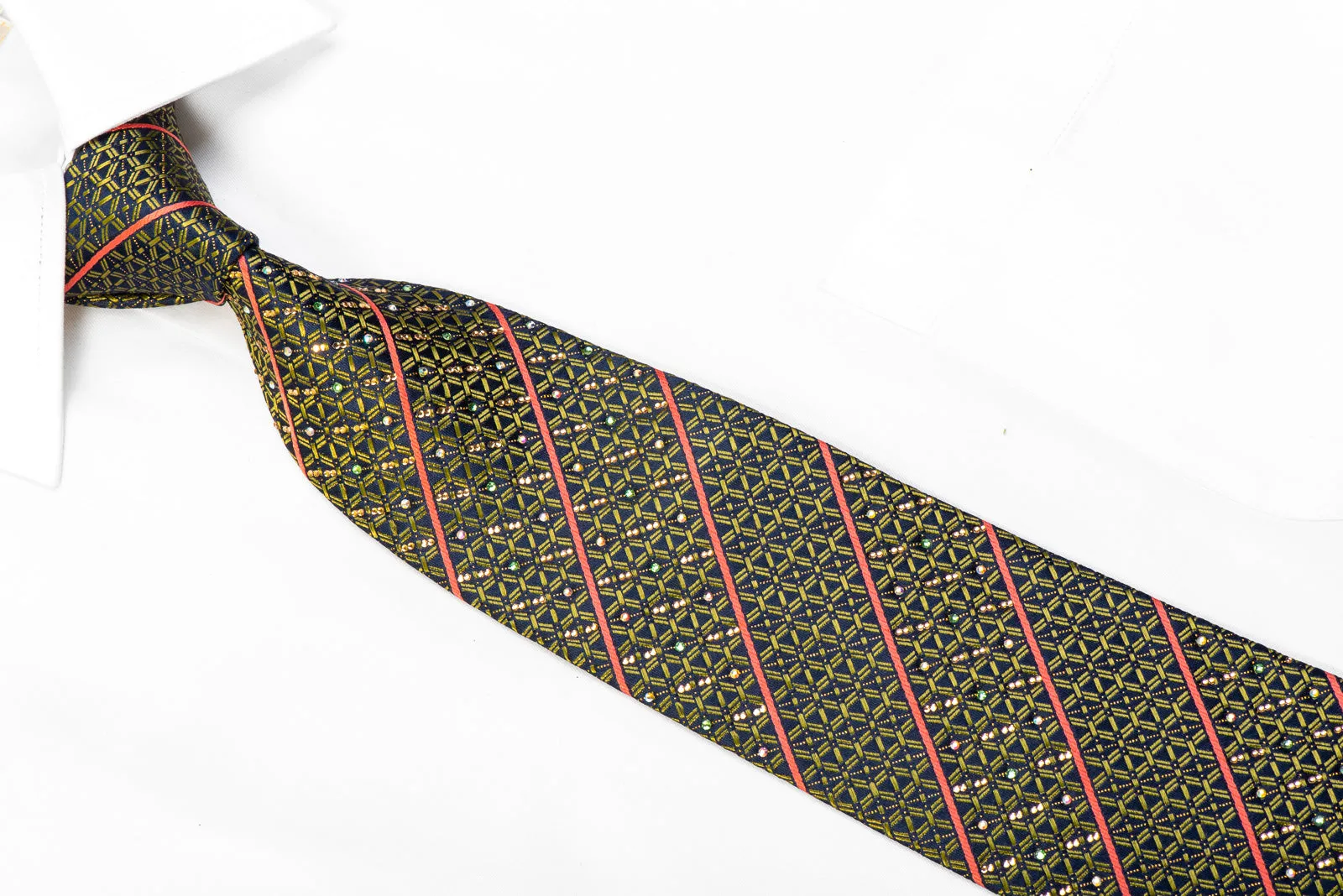 Renoma Silk Rhinestone Necktie Green Geometric Orange Striped On Navy With Sparkles