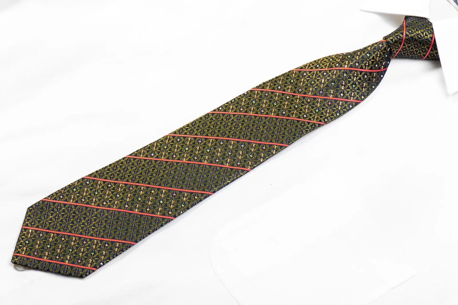 Renoma Silk Rhinestone Necktie Green Geometric Orange Striped On Navy With Sparkles