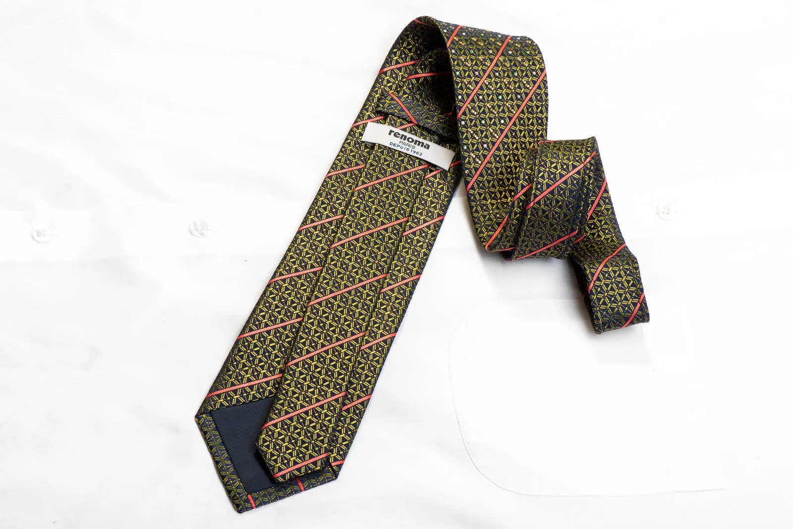 Renoma Silk Rhinestone Necktie Green Geometric Orange Striped On Navy With Sparkles