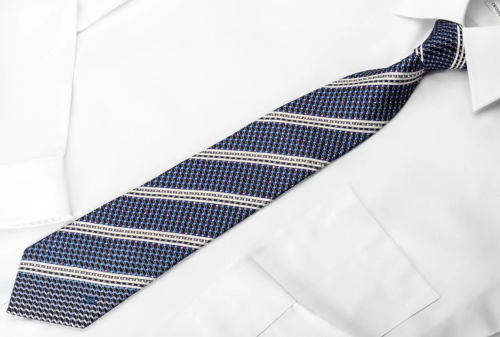 Renoma Silk Rhinestone Necktie Silver Striped On Blue With Silver Sparkles