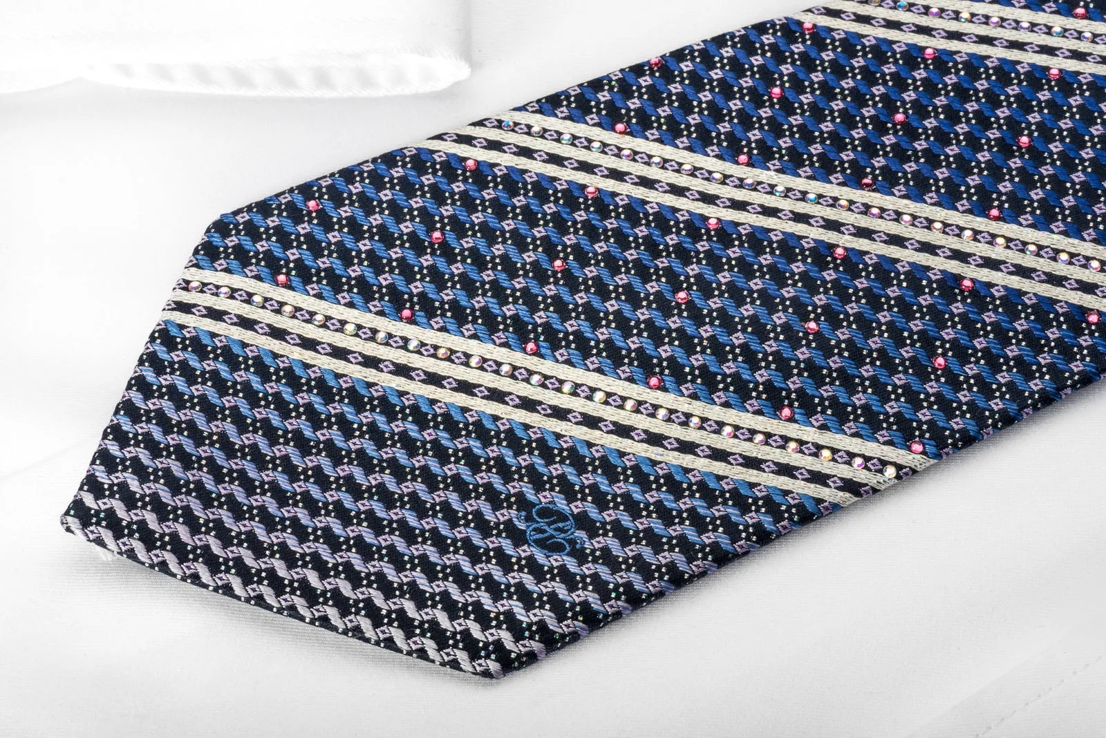 Renoma Silk Rhinestone Necktie Silver Striped On Blue With Silver Sparkles