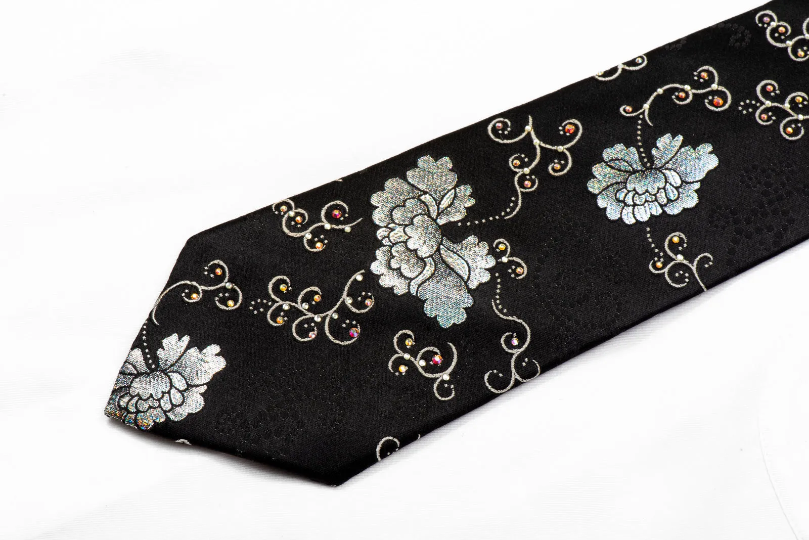 Roberta di Camerino Crystal Rhinestone Tie Silver Floral On Black