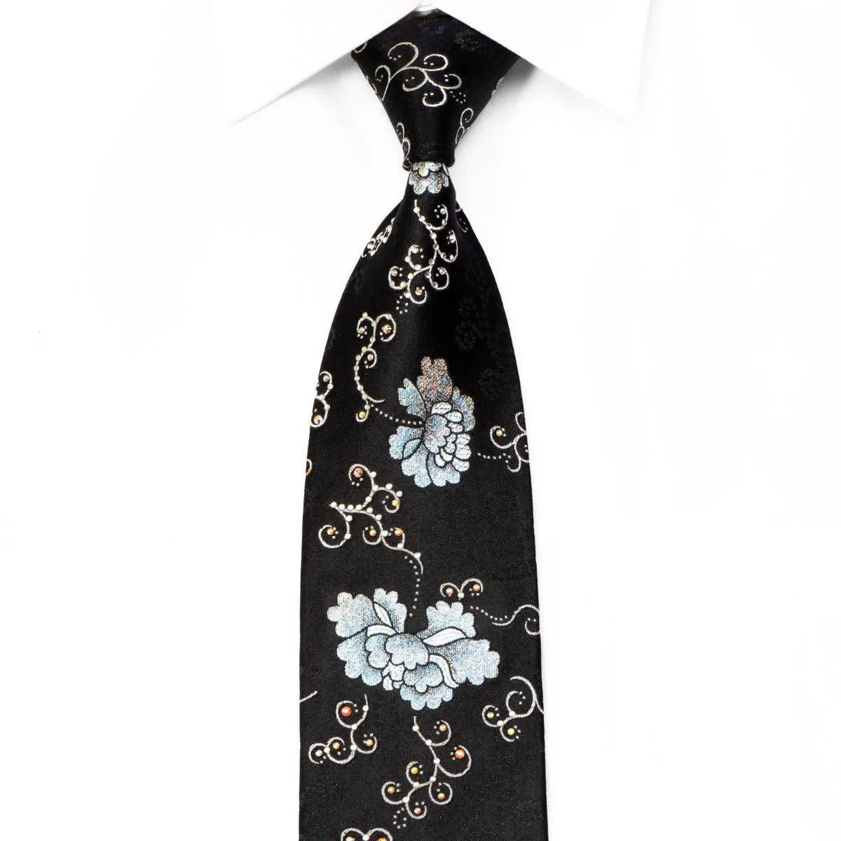 Roberta di Camerino Crystal Rhinestone Tie Silver Floral On Black