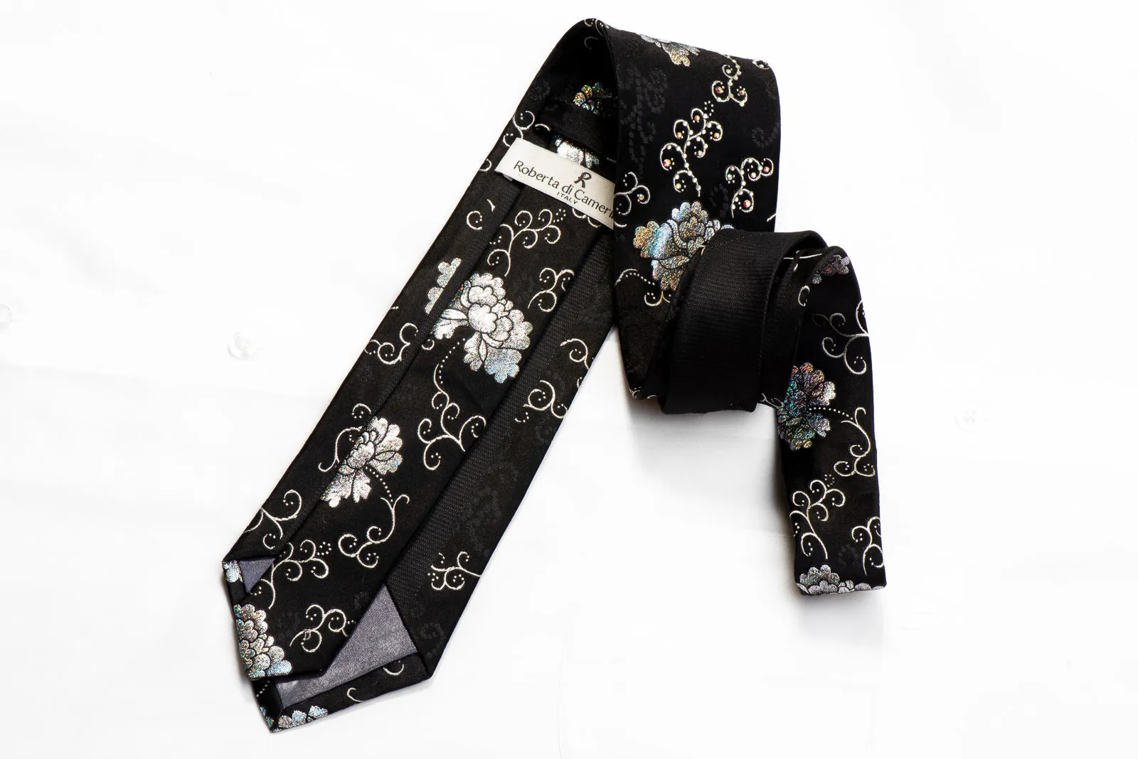 Roberta di Camerino Crystal Rhinestone Tie Silver Floral On Black