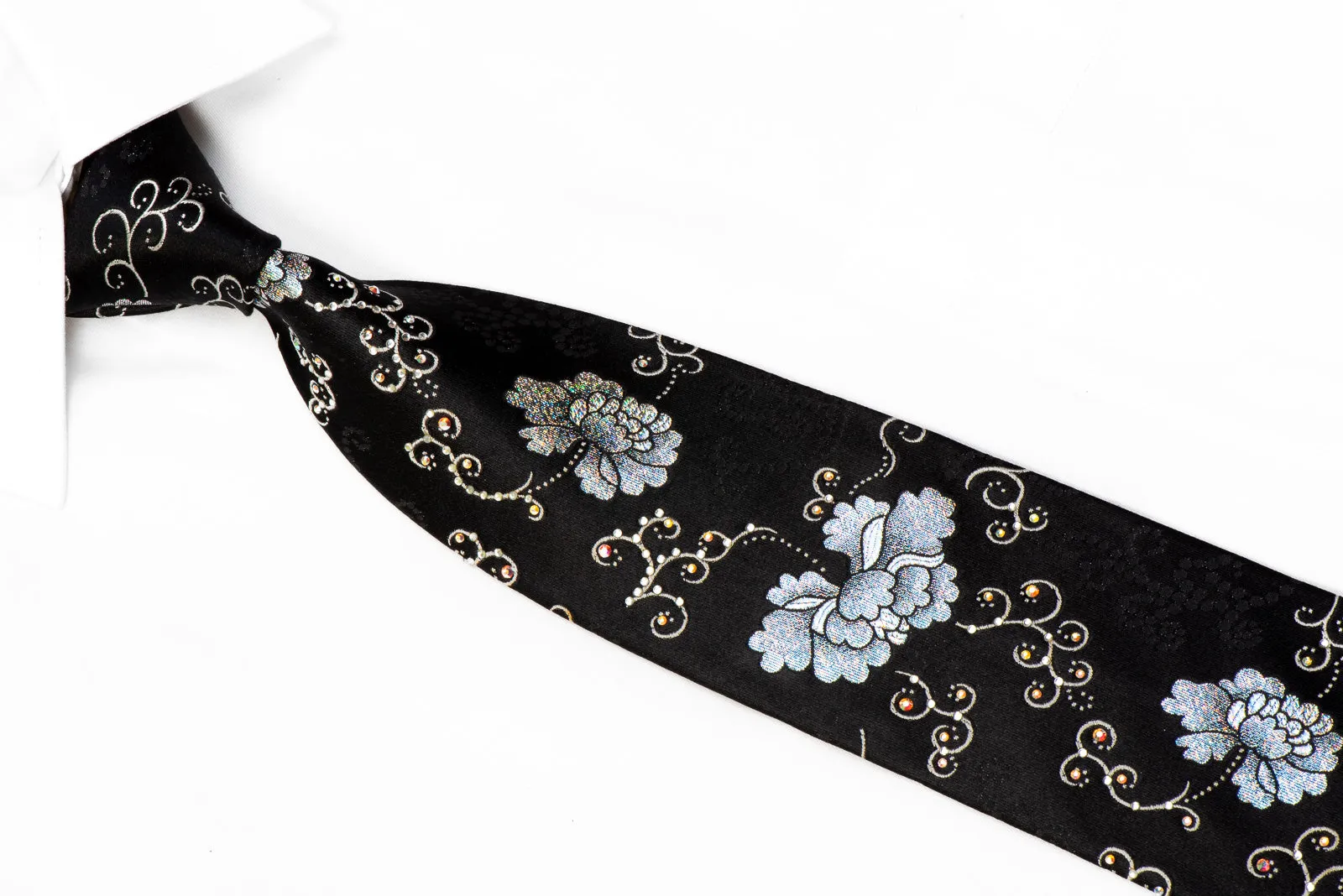 Roberta di Camerino Crystal Rhinestone Tie Silver Floral On Black