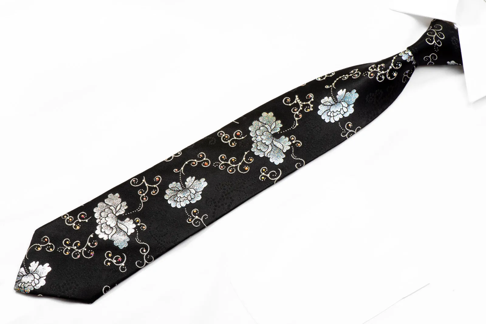 Roberta di Camerino Crystal Rhinestone Tie Silver Floral On Black