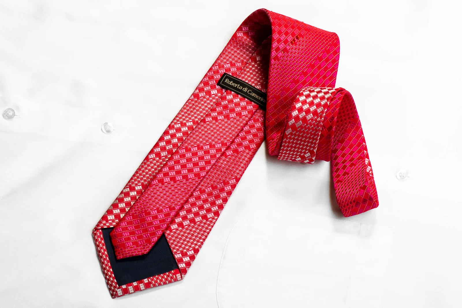 Roberta di Camerino Rhinestone Silk Necktie Pink Geometric On Red