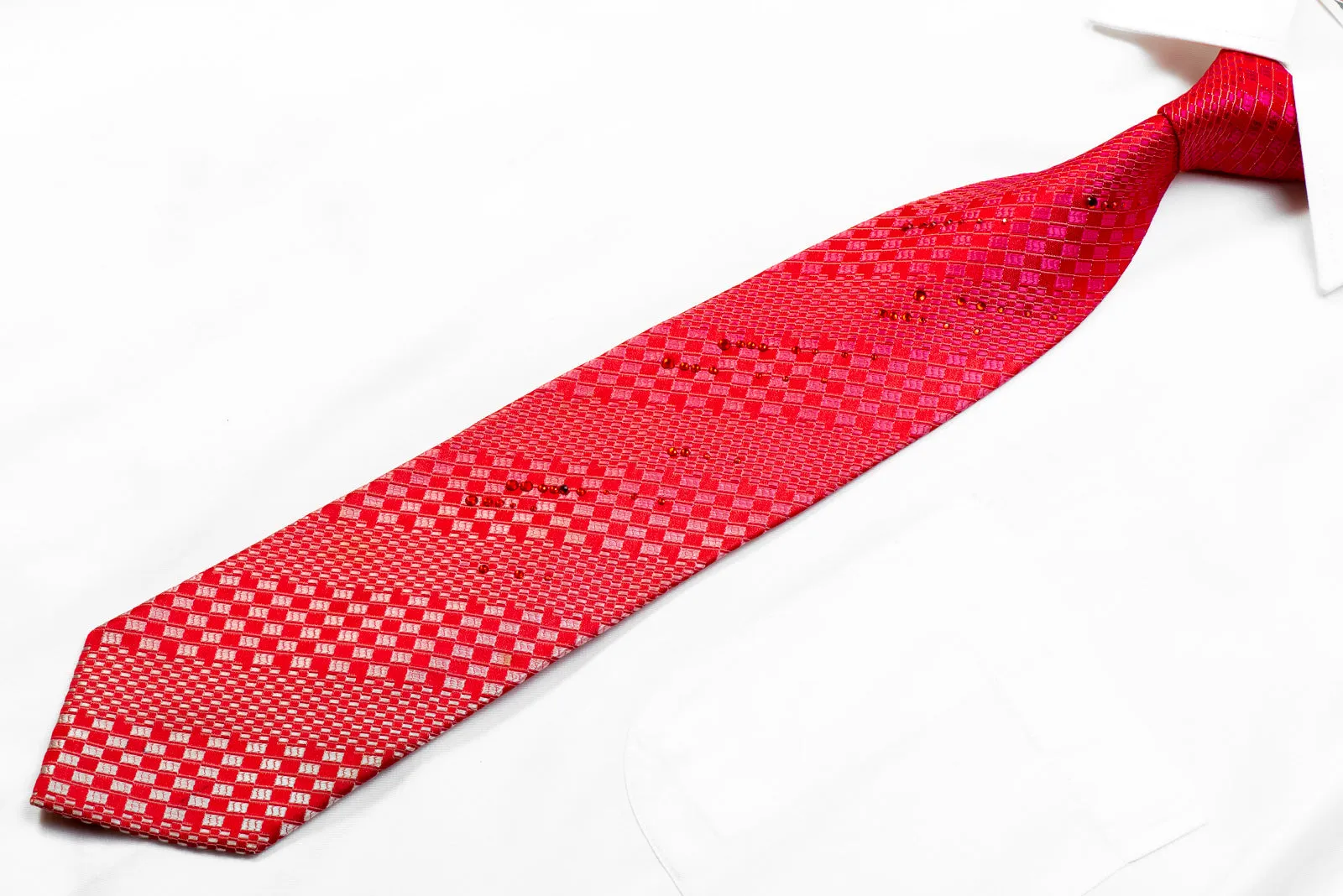 Roberta di Camerino Rhinestone Silk Necktie Pink Geometric On Red