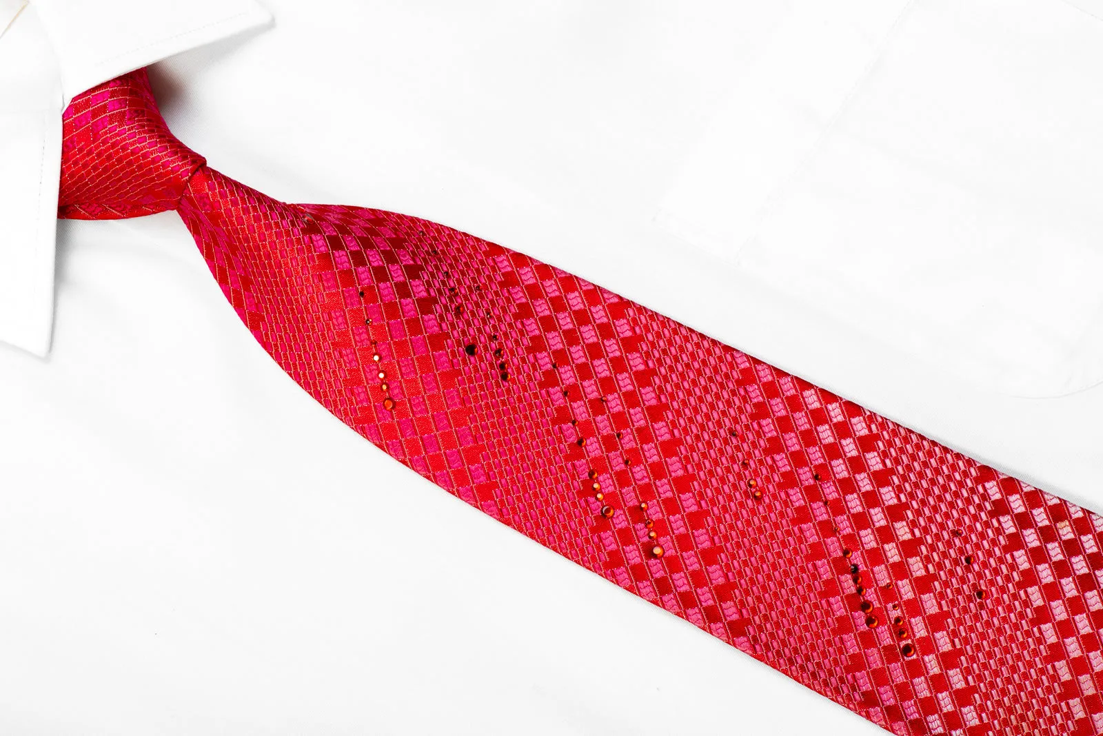 Roberta di Camerino Rhinestone Silk Necktie Pink Geometric On Red