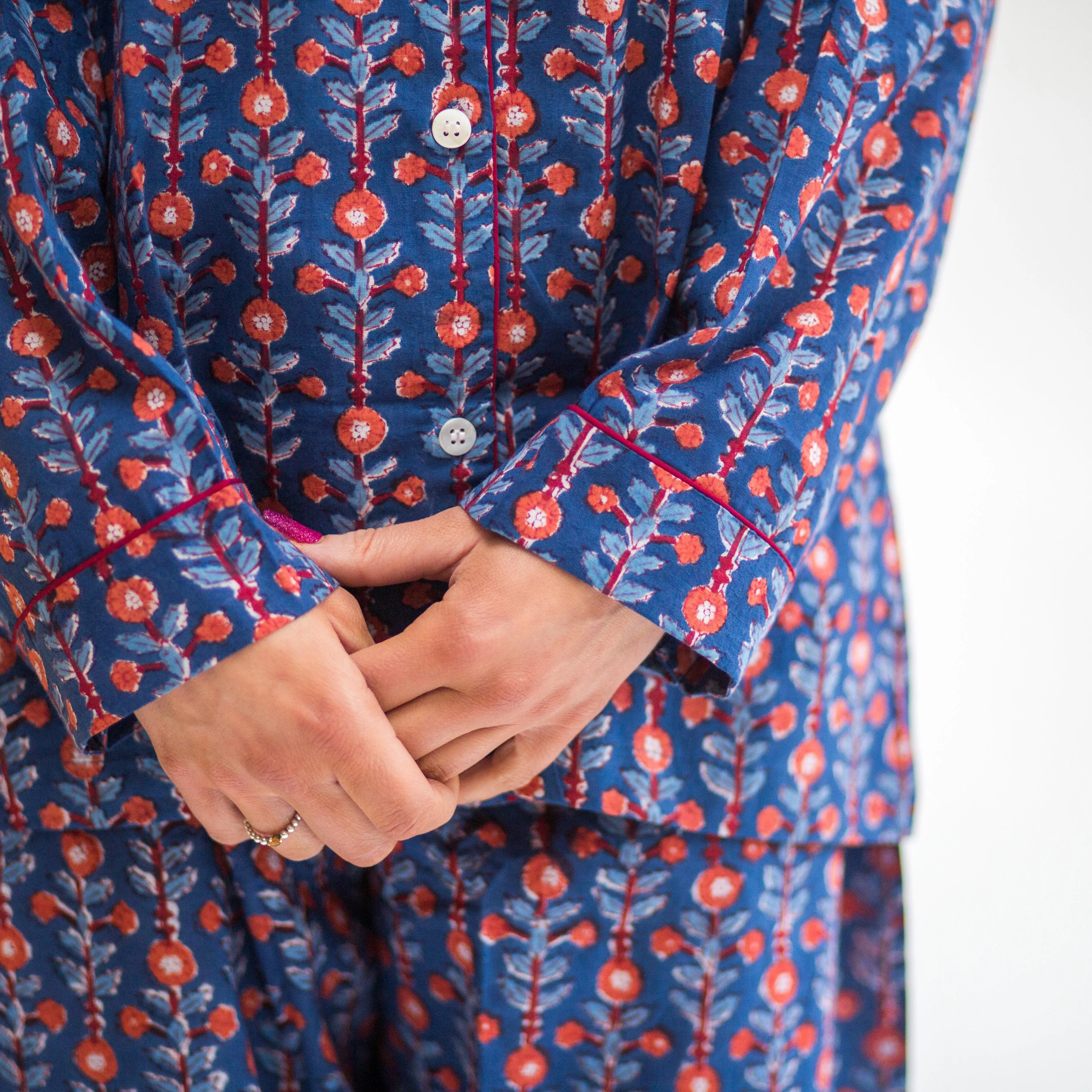 SALE Long PJ Set in Blue & Red Block Print