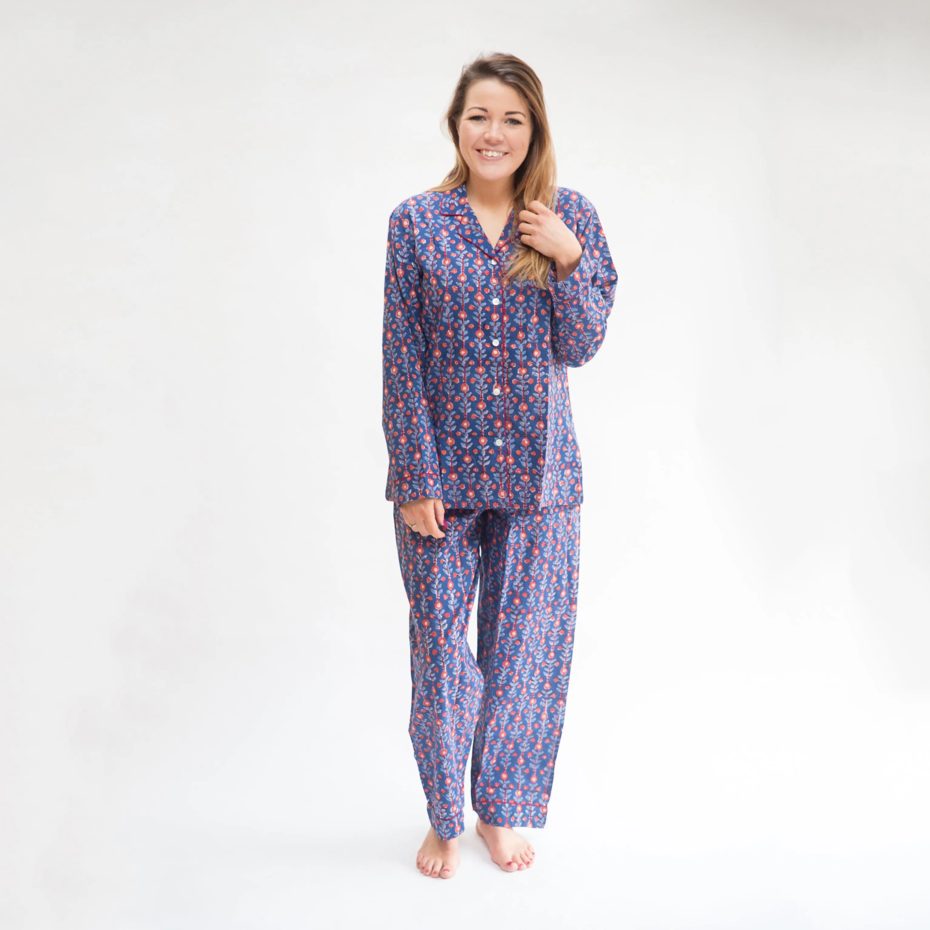 SALE Long PJ Set in Blue & Red Block Print