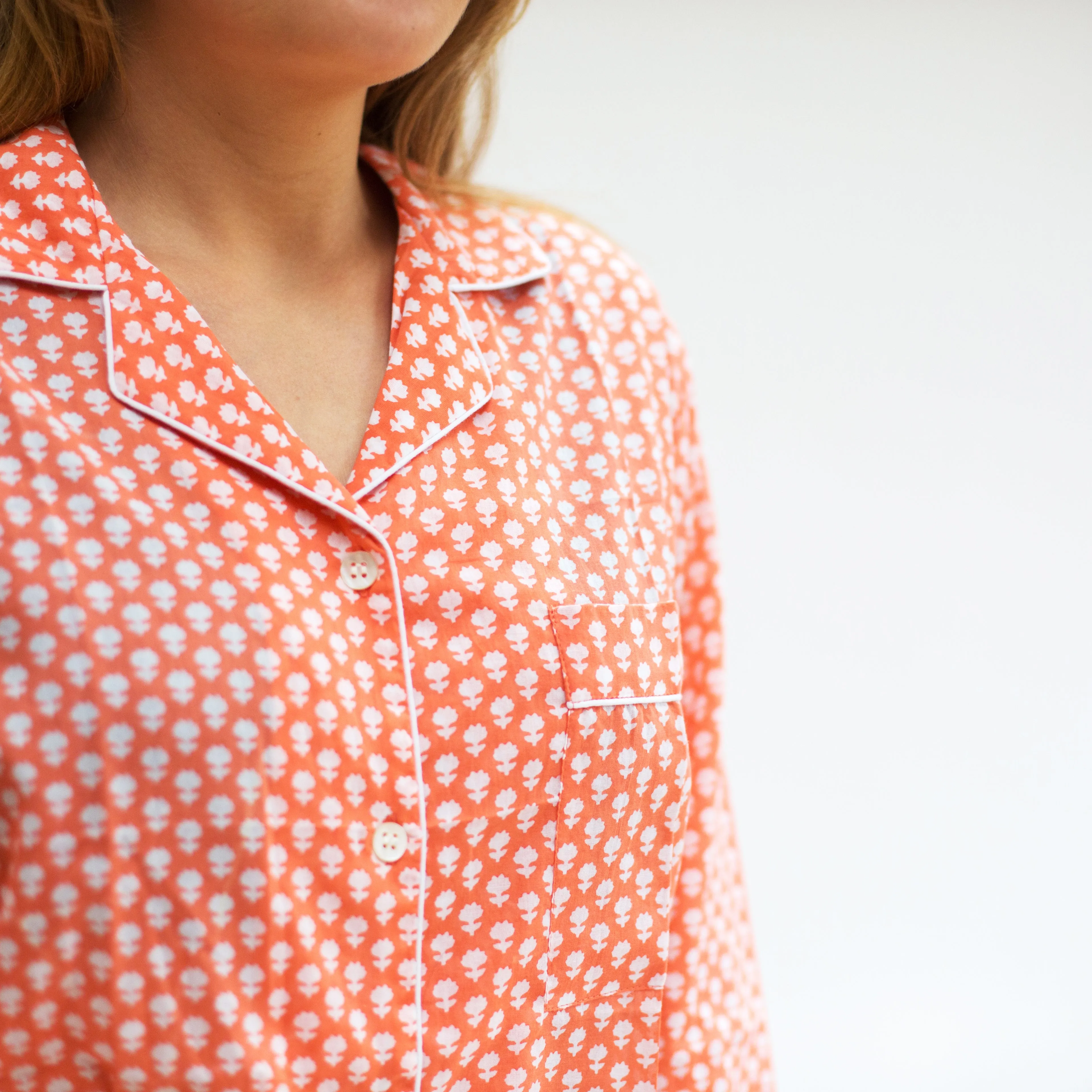 SALE Long PJ Set in Orange & White Floral Block Print