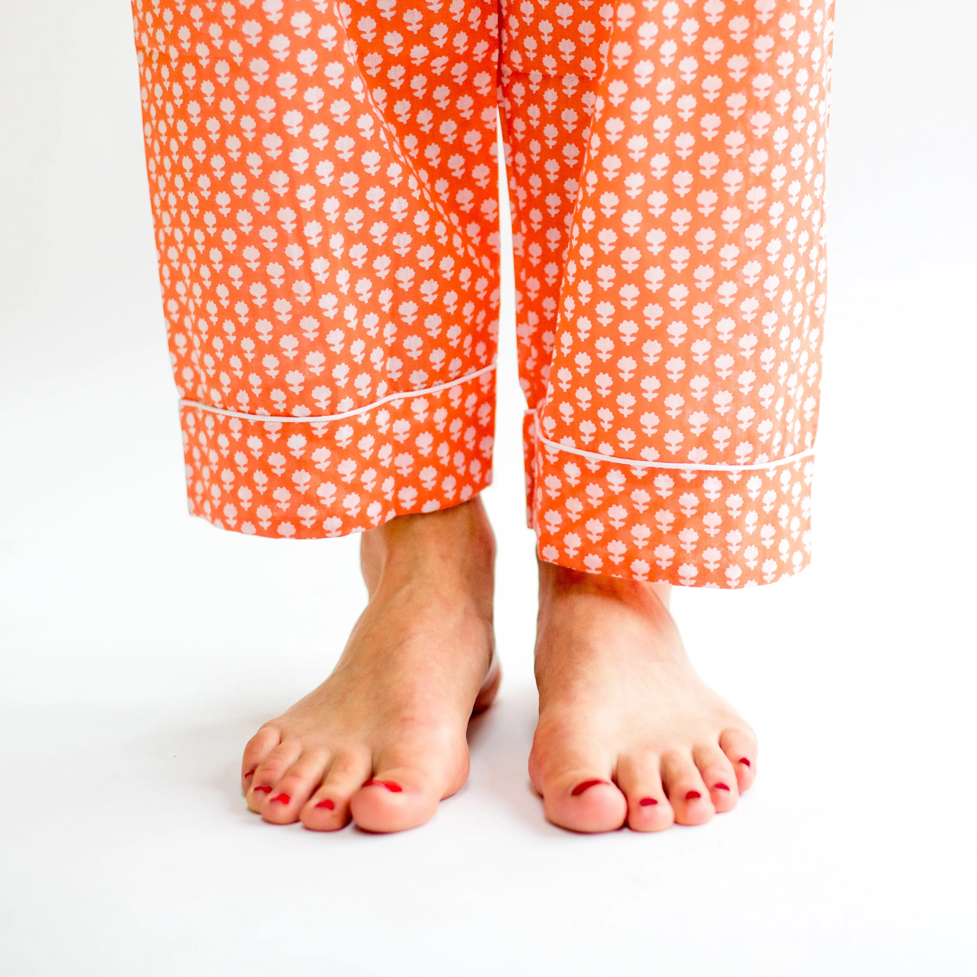 SALE Long PJ Set in Orange & White Floral Block Print