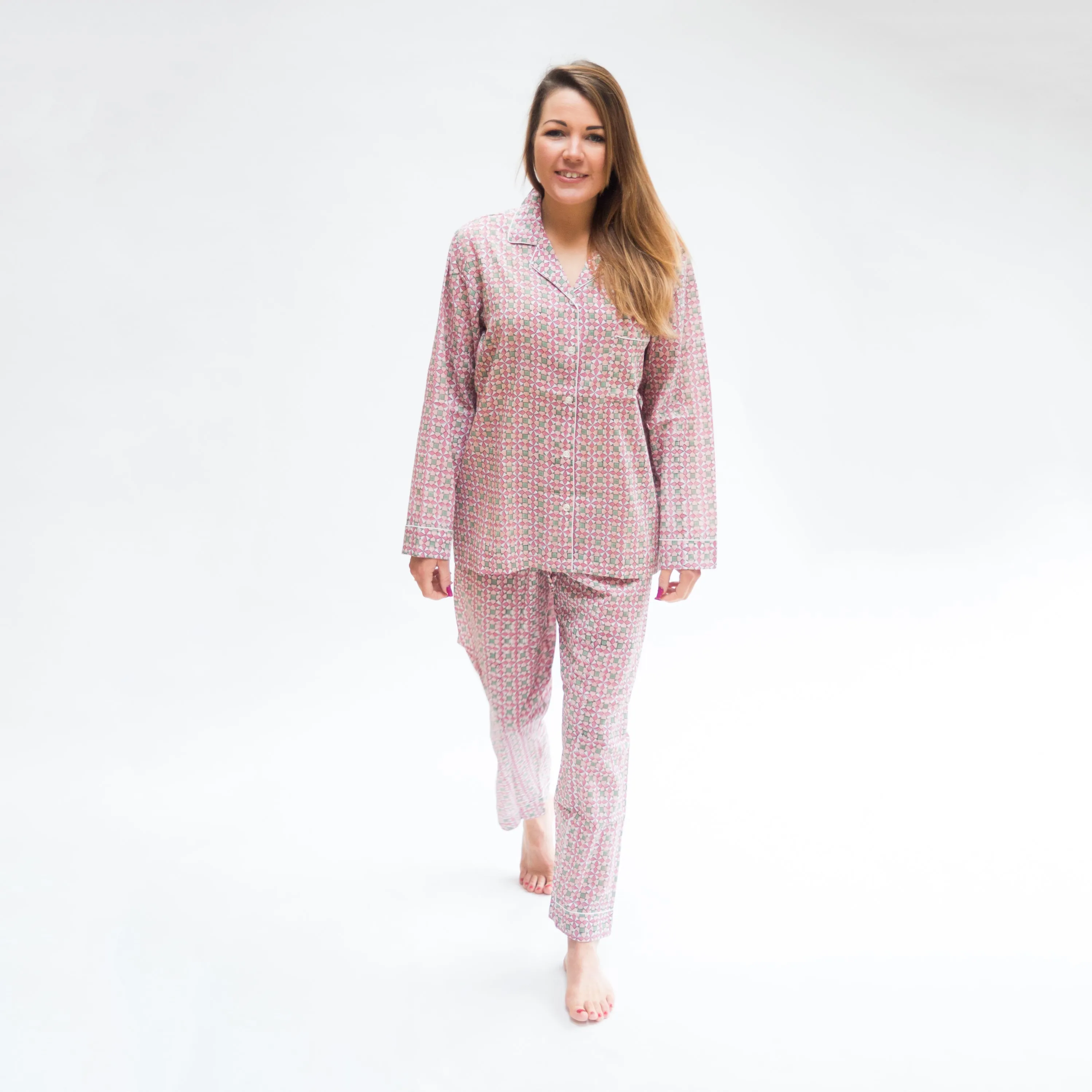 SALE Long PJ Set in Pink Geometric Block Print