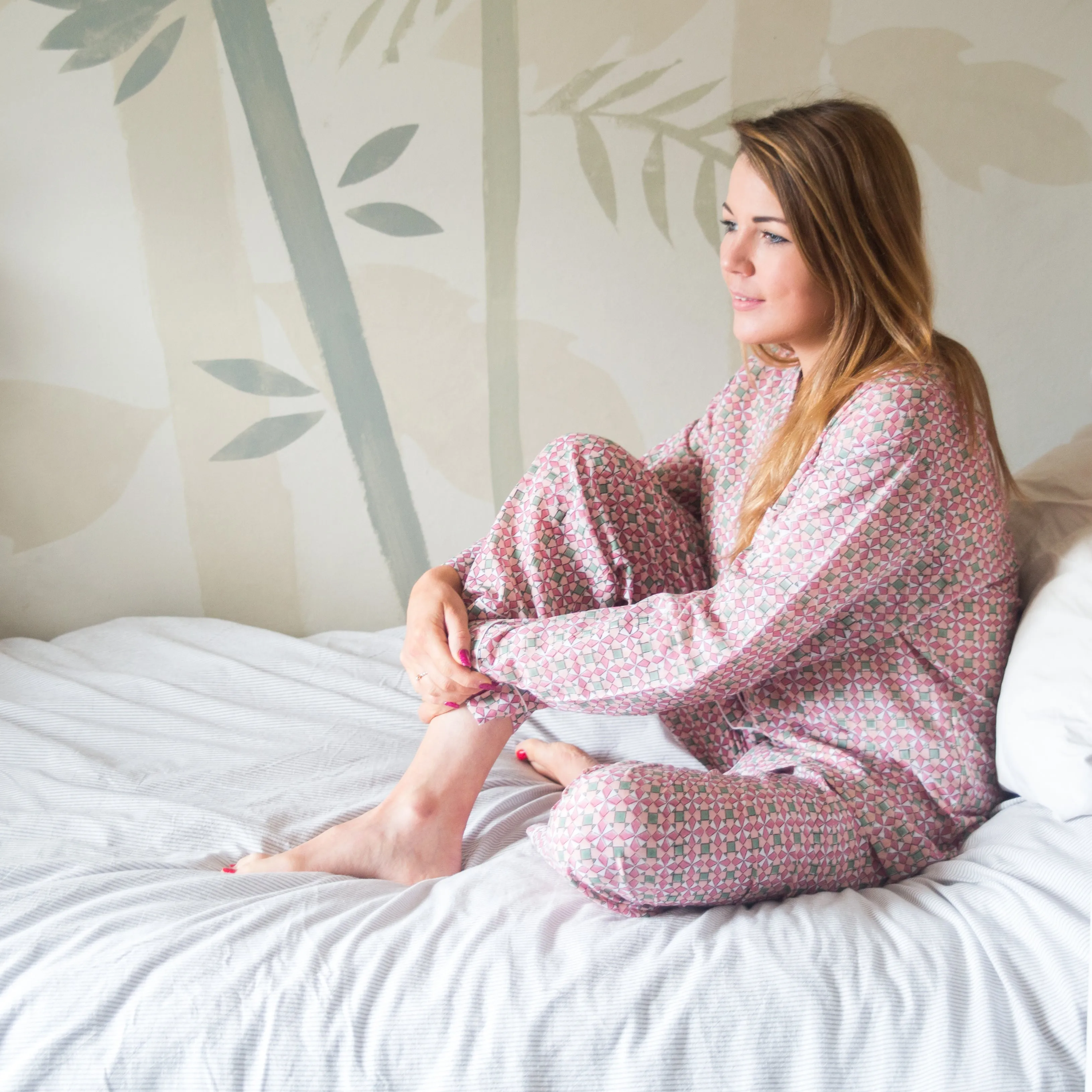 SALE Long PJ Set in Pink Geometric Block Print