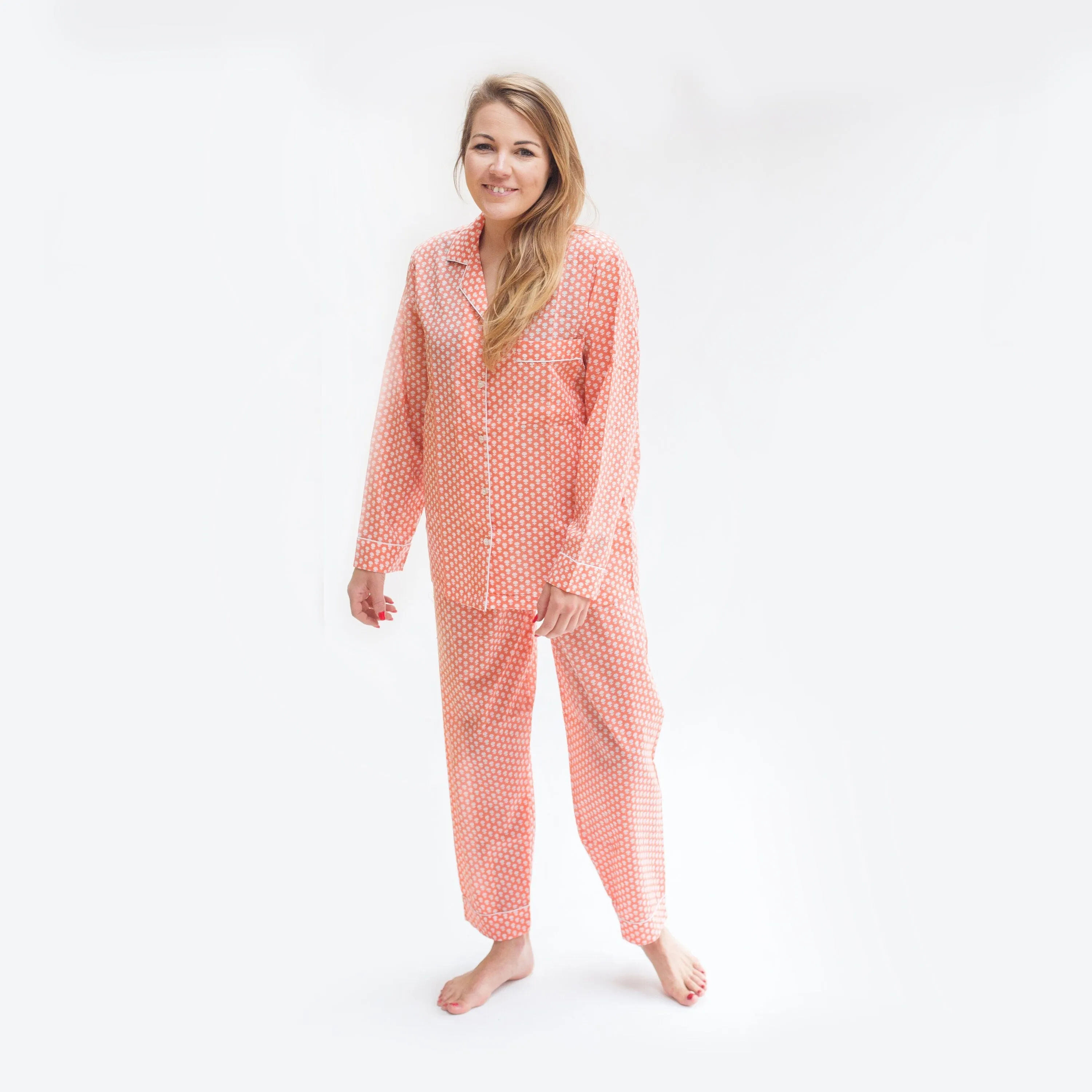 SALE Long PJ Set in Soft Orange Floral Block Print