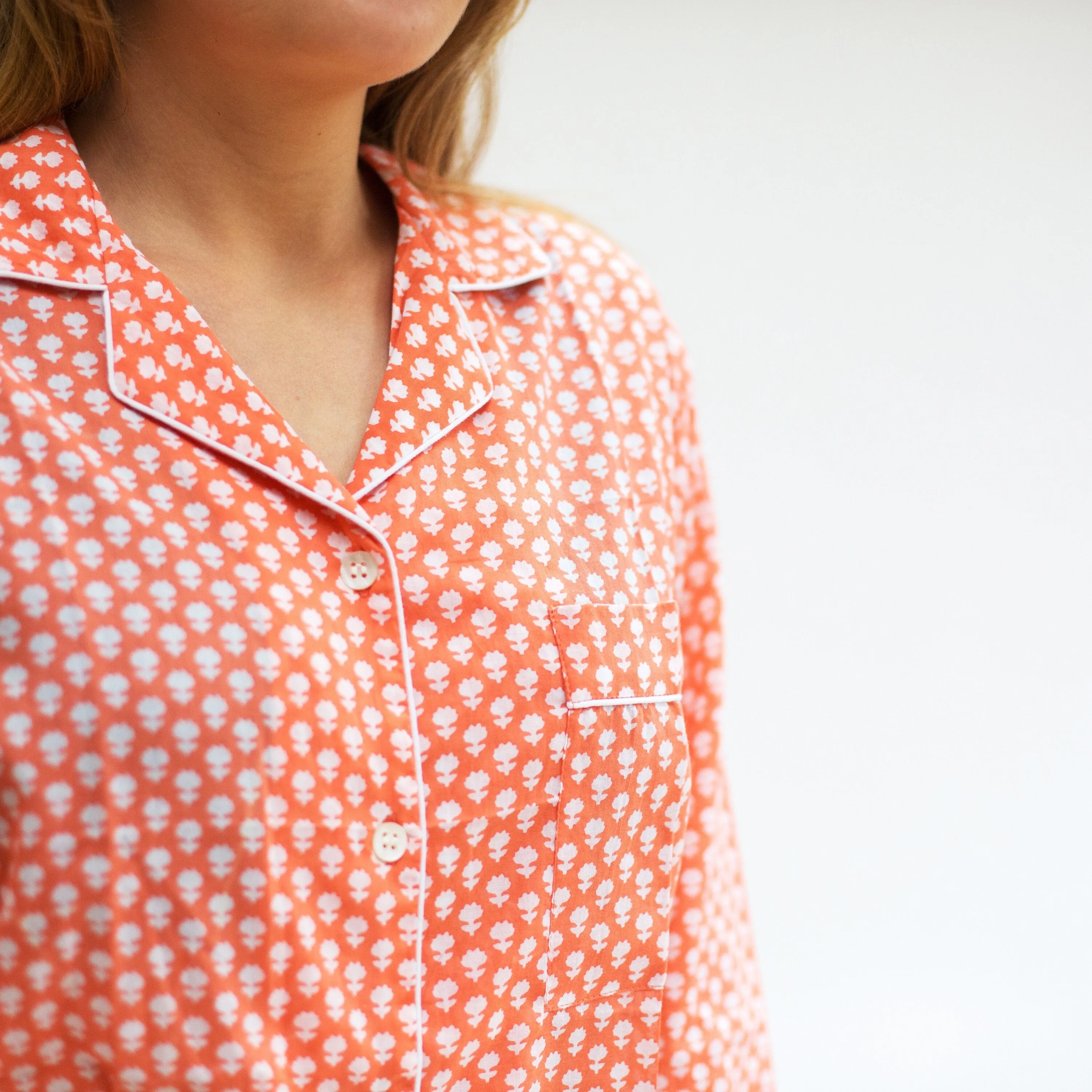 SALE Long PJ Set in Soft Orange Floral Block Print